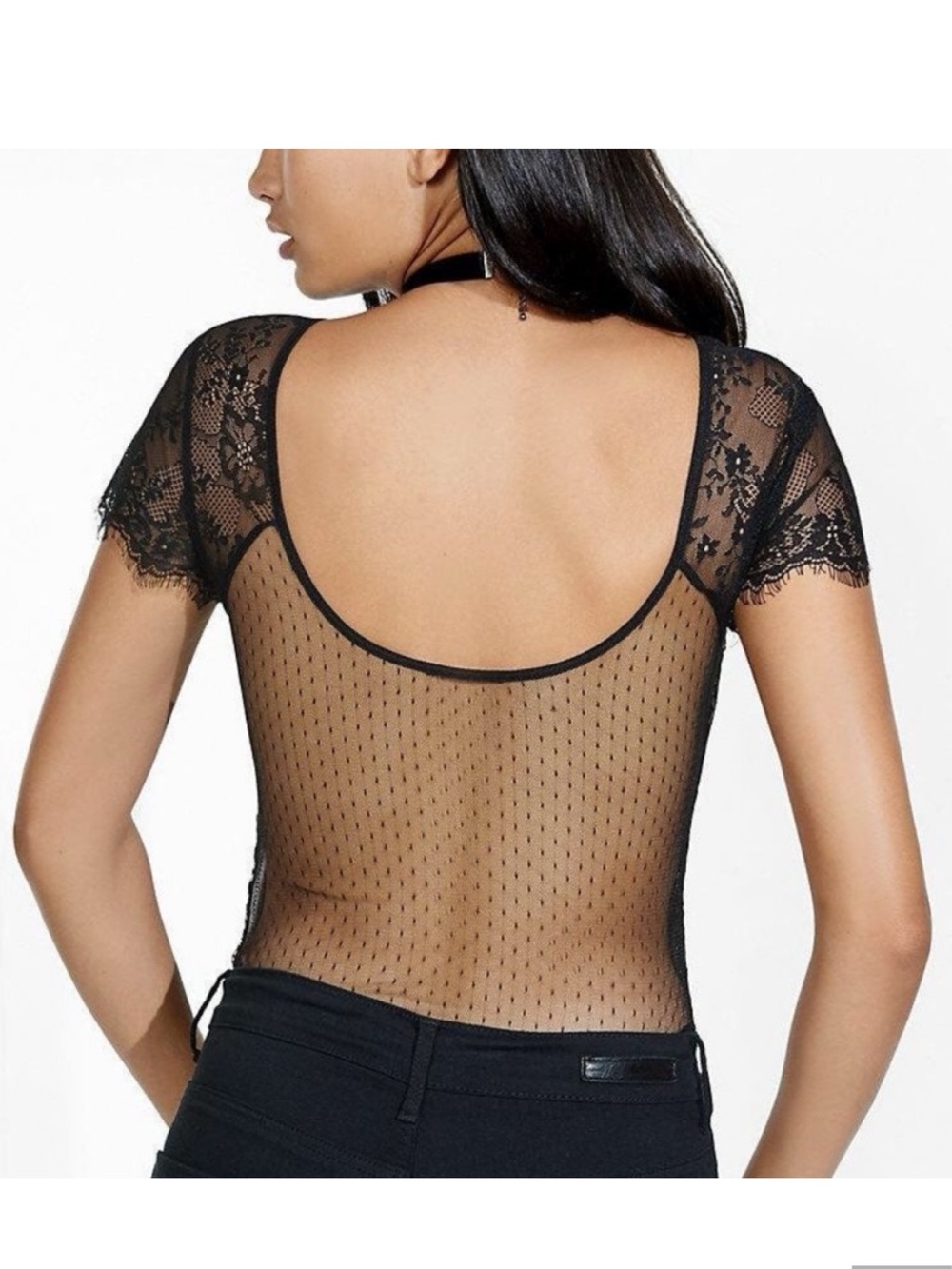Sheer Back Black Lace Short-Sleeve Bodysuit